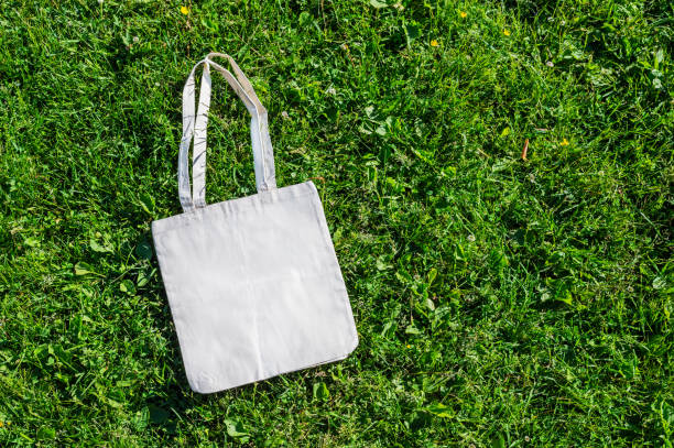 istock A white canvas bag with long handles lies on the green grass. 1255455019