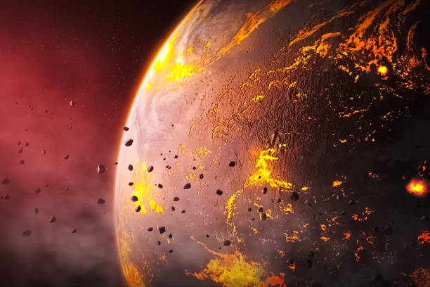 Illustration, asteroids around young hot planet. Illustration, asteroids around a young hot planet. meteor photos stock pictures, royalty-free photos & images