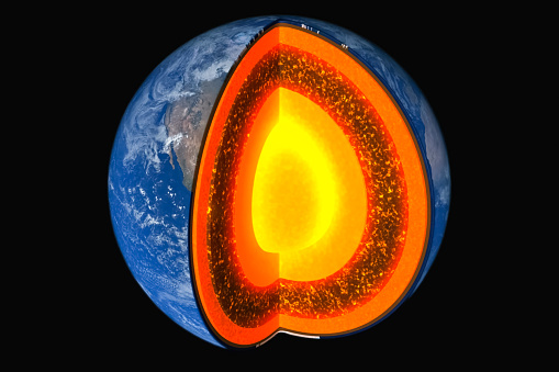 Illustration of the structure of the planet Earth. The planet is in a cut. The bark of the mantle and the core of the earth.