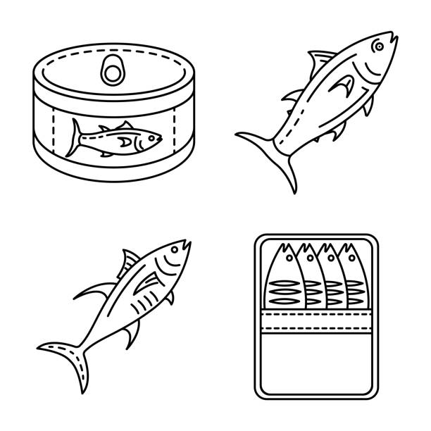 illustrazioni stock, clip art, cartoni animati e icone di tendenza di set di icone tonno, stile contorno - tuna fish silhouette saltwater fish