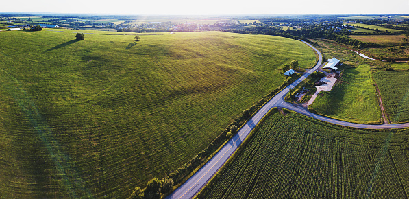An aerial drone view of a rural landscape of grass & corn fields.