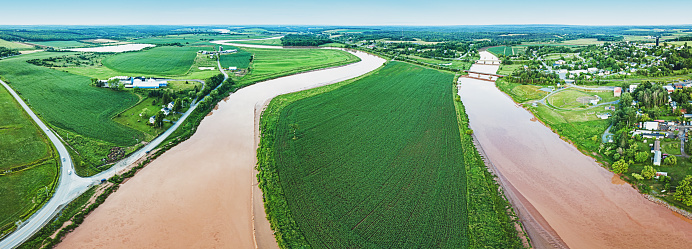 Aerial drone view of corn crops along the Shubenacadie River.