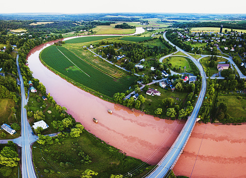 Aerial drone view of the small town of Shubenacadie & the tidal river of the same name.