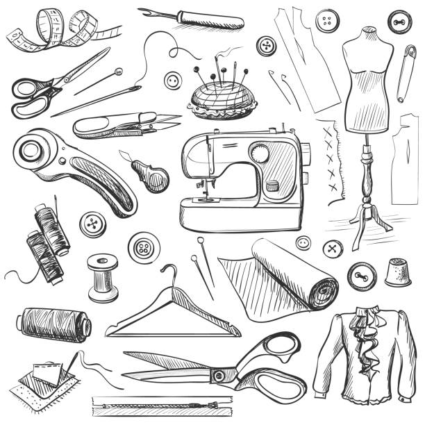 ilustrações de stock, clip art, desenhos animados e ícones de hand drawn sewing icons set - sewing tailor thread sewing kit