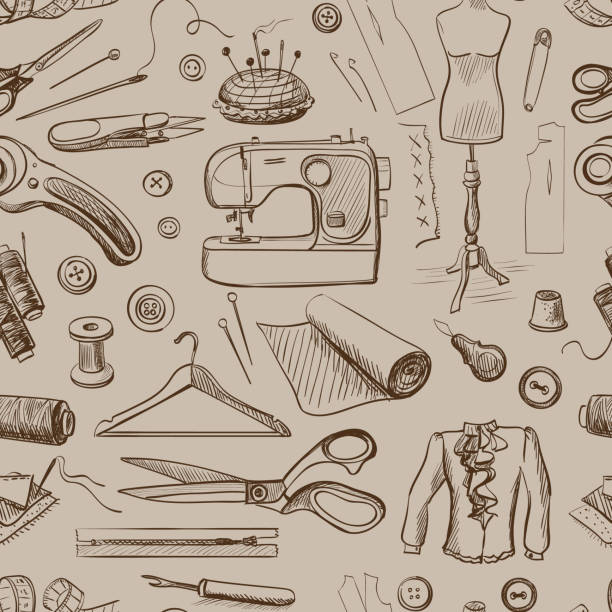 ilustrações de stock, clip art, desenhos animados e ícones de hand drawn sewing pattern - sewing tailor thread sewing kit