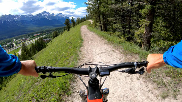 istock Mountain E-biker follows trail along grassy hillside 1255466264