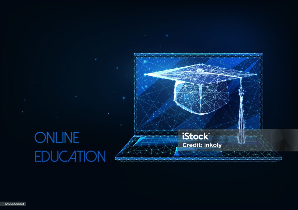 Futuristisk online-utbildning, distansutbildning koncept med glödande låg polygonal examen mössa och laptop - Royaltyfri Teknologi vektorgrafik