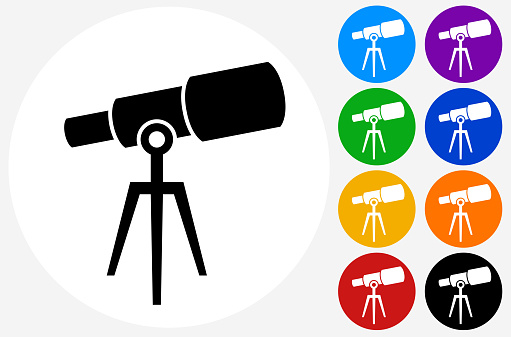 Telescope Icon. This 100% royalty free vector illustration is featuring a white round button with a black icon. There are 5 additional alternative variations in different colors on the right.