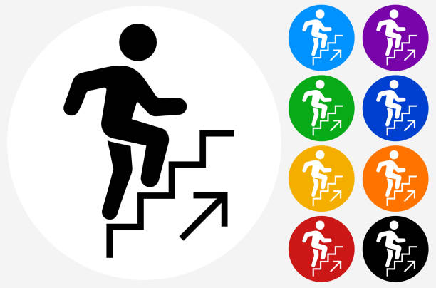 Man Going Up The Stairs Icon Man Going Up The Stairs Icon. This 100% royalty free vector illustration is featuring a white round button with a black icon. There are 5 additional alternative variations in different colors on the right. steps stock illustrations
