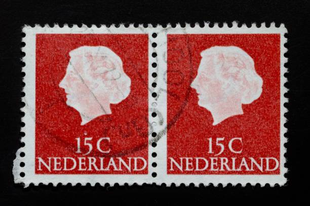 2 Nederlandse postzegels van 15 cent per stuk la ex reina juliana de los países bajos de cerca de una hembra adulta de hoja blanca (motacilla alba) sentada en una cerca a lo largo de la orilla del agua ds, representado en dos unidos usados holandés 15 sellos de céntimos de guilder, emitidos de 1953