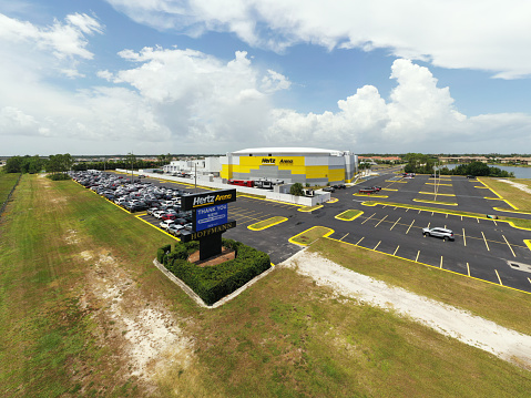 Estero, FL, USA - July 8, 2020: Aerial drone photo Hertz Arena Florida