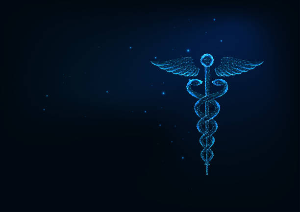 Futuristic glowing low polygonal Caduceus medical symbol on dark blue background. Futuristic glowing low polygonal Caduceus medical symbol with wings, rod and snakes isolated on dark blue background. Modern wire frame mesh design vector illustration. caduceus stock illustrations