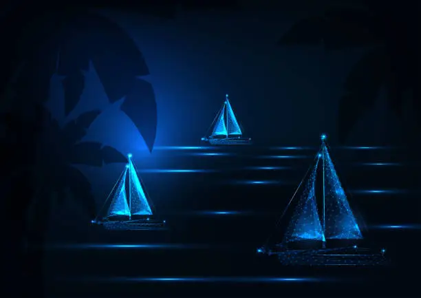 Vector illustration of Futuristic yachting regatta concept with glowing low poly sailing boats competition in night sea