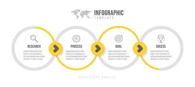 Business infographics template. Timeline with 4 arrow steps, four number options. Vector element
