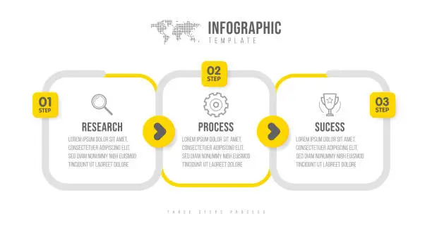 Vector illustration of Business infographics template. Timeline with 3 arrow steps, three number options. Vector