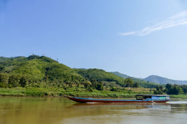 boat on lake, digital photo picture as a background - luang phabang laos thailand mekong river imagens e fotografias de stock