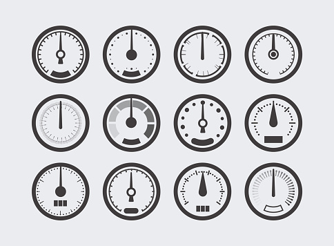 Display with measurement scale and arrow. Icon for measuring device. Meter for measuring speed, temperature, pressure, mass, humidity, car mileage. Bar level meter, vector illustration