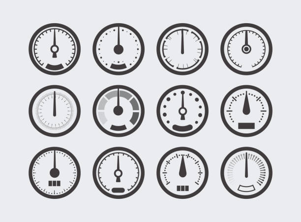 Display with measurement scale and arrow. Icon for measuring device. Meter for measuring speed, temperature, pressure, mass, humidity, car mileage. Bar level meter, vector illustration. Display with measurement scale and arrow. Icon for measuring device. Meter for measuring speed, temperature, pressure, mass, humidity, car mileage. Bar level meter, vector illustration pressure meter stock illustrations