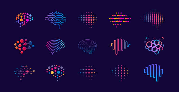zestaw abstrakcyjnych kropek i linii logotypów mózgu. logo dla innowacji naukowych, uczenia maszynowego, ai, badań medycznych, rozwoju nowych technologii, zdrowia ludzkiego mózgu, to starcie. - artificial intelligence stock illustrations