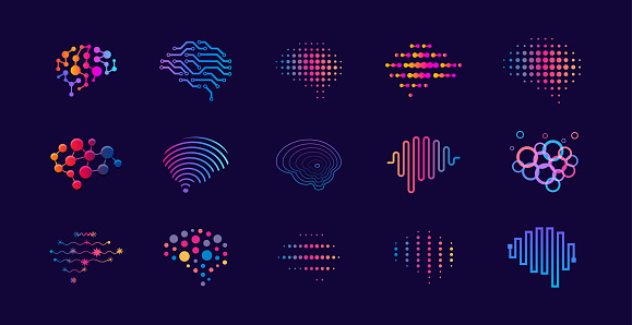Set of abstract dots and lines brain logotypes concept. Logo for science innovation, machine learning, ai, medical research, new technology development, human brain health, it startup