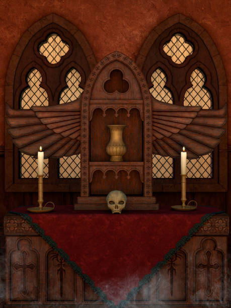 istock Altar with candles, a skull, and a metal jar. 1255478171