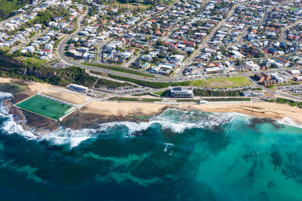 Merewether Newcastle NSW Australia - Aerial View Aerial view of Merewether beach - Newcastle NSW Australia, Merewether is one of Newcastle's best beaches. newcastle new south wales stock pictures, royalty-free photos & images