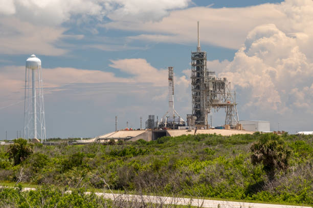 Florida Rocket Launch Site A launch pad and support structures are surrounded by thick vegetation at Florida's Kennedy Space Center. launch tower stock pictures, royalty-free photos & images