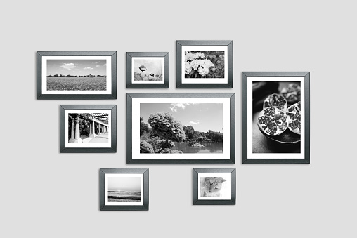 Photo frames on the wall. Photography portfolio, photo lab concept