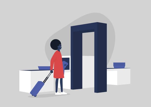 Young black female character passing a security control at the airport, travel concept, millennial lifestyle Young black female character passing a security control at the airport, travel concept, millennial lifestyle airport borders stock illustrations