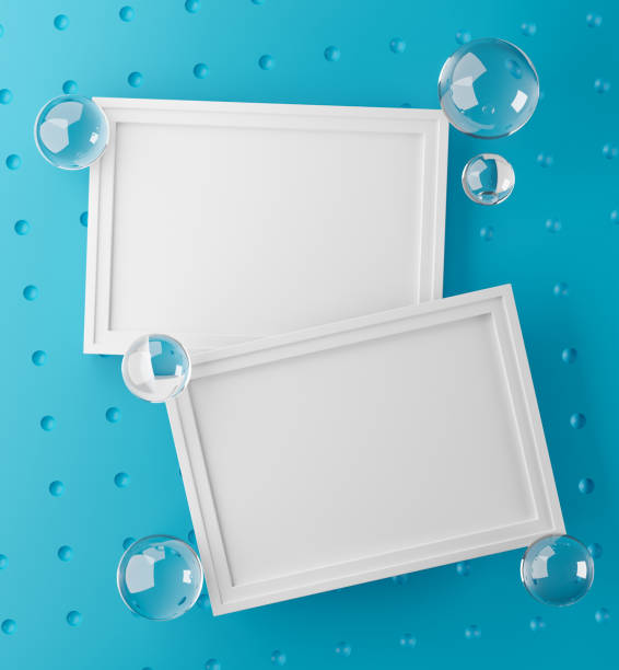istock Two Frames Stylish Mock Up Poster Template. Glass Bubbles Fresh and Minimal 3D Rendering. Blue Background 1255485951