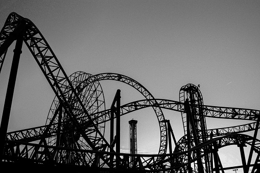 A rollercoaster in black and white