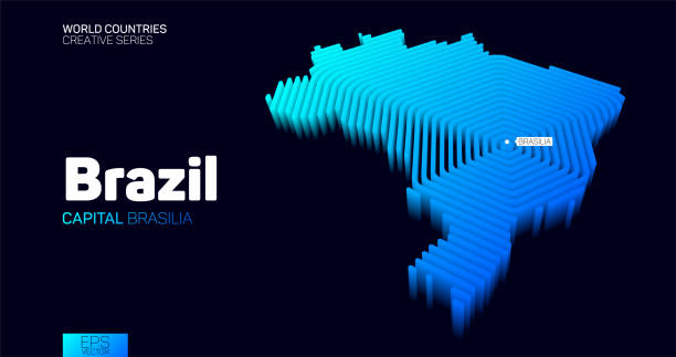 ilustrações, clipart, desenhos animados e ícones de mapa isométrico do brasil com linhas de hexágono azul - brasilia