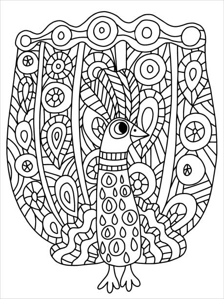 Peacock coloring page stock vector illustration. Elegant peacock coloring book page for kids and adults. Wild exotic stylized bird stock vector illustration. Black outline isolated on white. Zentangle wild tropic animal illustration. One of a series pappus stock illustrations