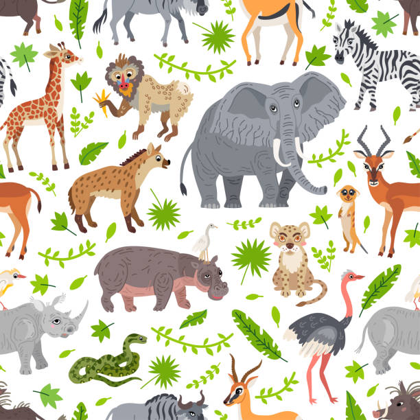 Africa savannah animals pattern. Wild tropic zoo Africa savannah animals pattern. Wild tropic animals in flat style on white background. Including elephant, giraffe, zebra, snake, rhino, lion, hippo, leopard, Boa stock illustrations