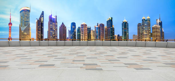istock Empty floor and Shanghai Lujiazui commercial building scenery at night. 1255502077