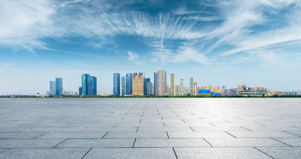 Empty floor and city skyline with buildings in hangzhou. stock photo