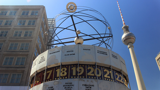 Sculpture showing the time zones and the planet system on the Alexanderplatz Berlin, Germany