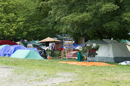 Vancouver,Canada - July 4,2020: View of Strathcona Park in downtown Vancouver full of tents and homeless people