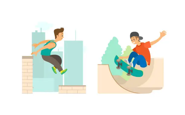 Vector illustration of Parkour and Skateboarding Modern Sports Vector