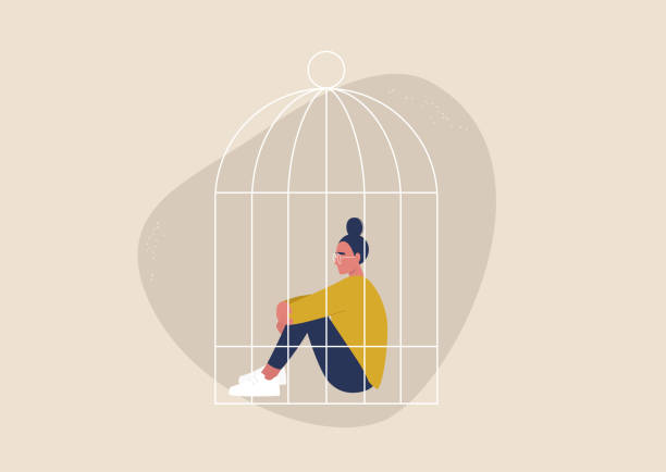 illustrations, cliparts, dessins animés et icônes de violence domestique, verrouillage de quarantaine, dépression et désespoir, jeune personnage féminin assis à l’intérieur d’une cage à oiseaux, sexisme - stuck