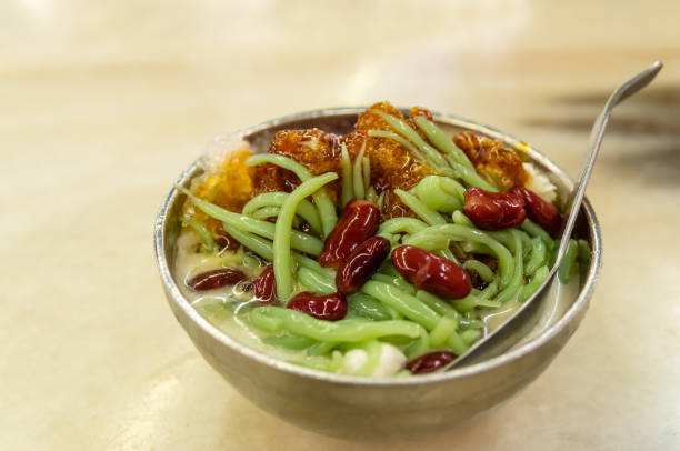 Close-up of the cendol dessert with gula Melaka syrup.