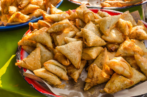 Chicken samosas selling in the Ramadan bazaar. stock photo