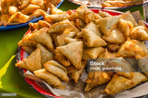 Chicken Samosas Selling In The Ramadan Bazaar Stock Photo - Download Image Now - Samosa, Triangle Shape, Appetizer