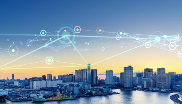 istock Smart city. Modern buildings and communication network. Low angle view. 1255527409