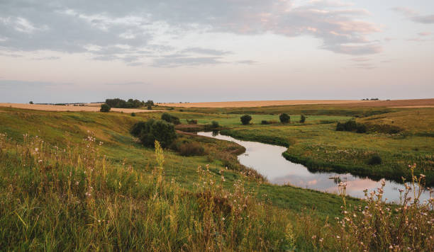 istock Sunny sunset view of river and green meadows with trees on a background. 1255528668