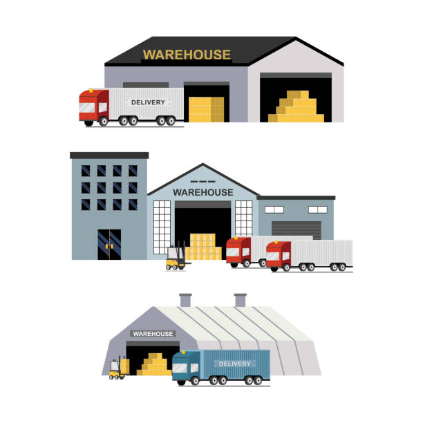 물류, 창고, 지게차 트럭의 납품 및 운송. 물류, 창고, 화물, 화물 운송을 테마로 플랫 벡터 웹 배너 세트. 물류 센터 개념 - warehouse stock illustrations