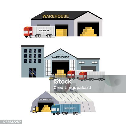 istock Delivery and transportation of logistics, warehouse, forklift truck. Set of flat vector web banners on the theme of logistics, warehouse, freight, cargo transportation. Logistic center concept 1255532259