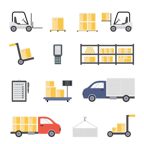 Warehouse with staff, storage building, shelves with goods, unloading cargo. Design elements of warehouse building delivery truck. The concept of a logistics center. Vector illustration flat Warehouse with staff, storage building, shelves with goods, unloading cargo. Design elements of warehouse building delivery truck. The concept of a logistics center. Vector illustration flat storage device stock illustrations