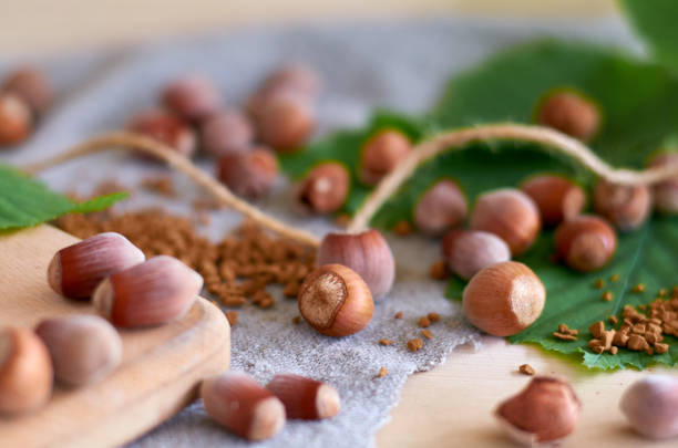 istock brown hazelnuts on green leaves on a wooden surface 1255533432