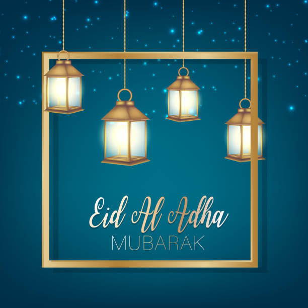 eid al adha mubarak banner. muslimischer opferfeiertag. islamische religiöse feier. arabisches designkonzept. goldene laternen und sterne, kalligraphie schriftzug auf blauem hintergrund. vektor-illustration. - eid al fitr stock-grafiken, -clipart, -cartoons und -symbole